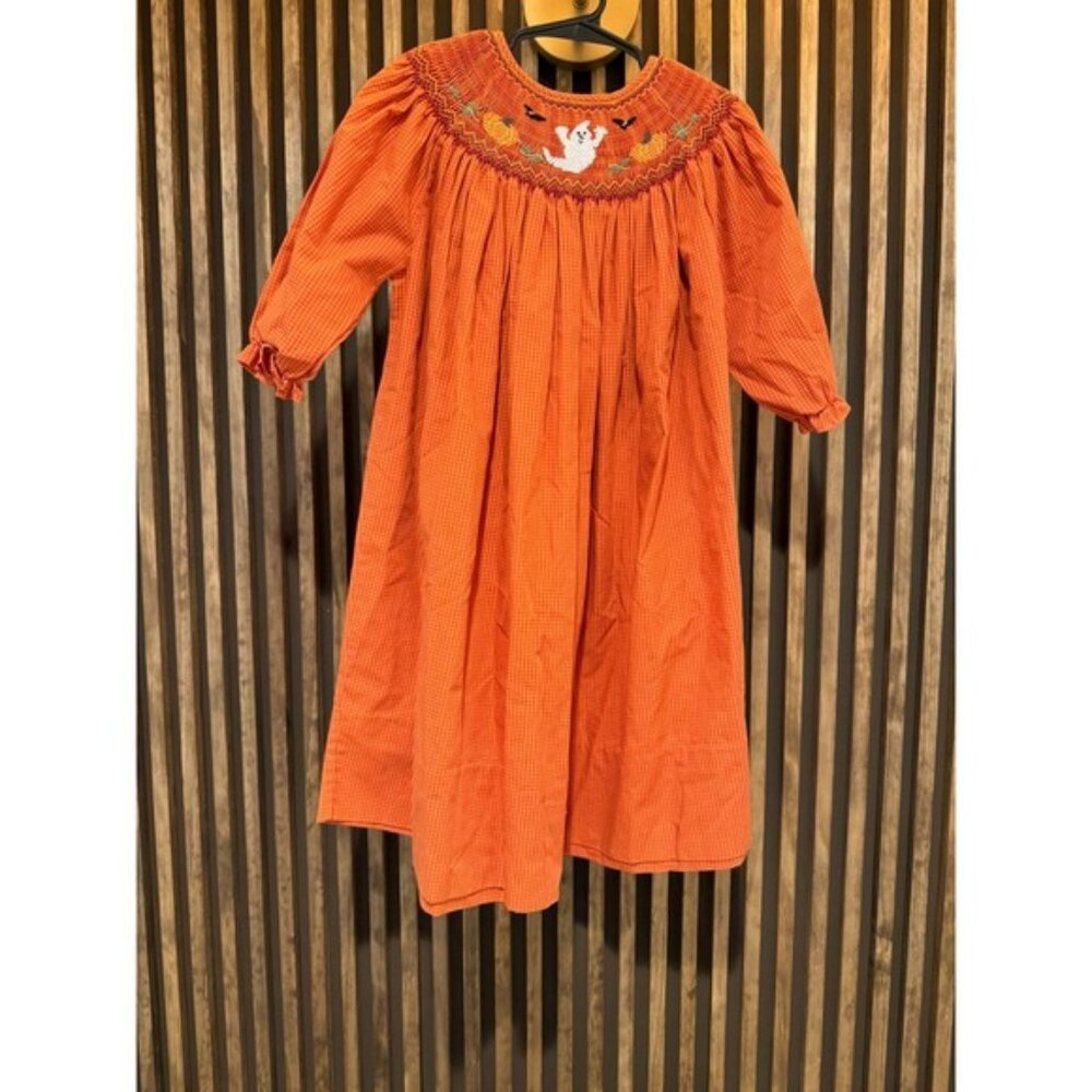 Rosalina Collections Smocked Halloween Dress Ghost Pumpkin Orange Gingham 4T